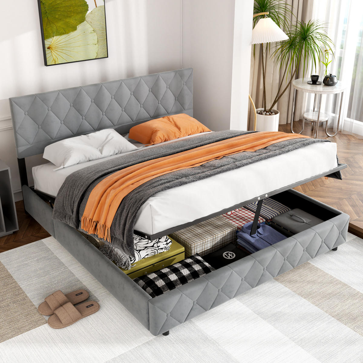 POLSTERBETT 180/200 cm mit Bettkasten in Grau aus Samtstoff Bettgestell mit Metallrahmen, ohne Matratze - Grau, Holzwerkstoff/Textil (180/200cm) - STILVORA