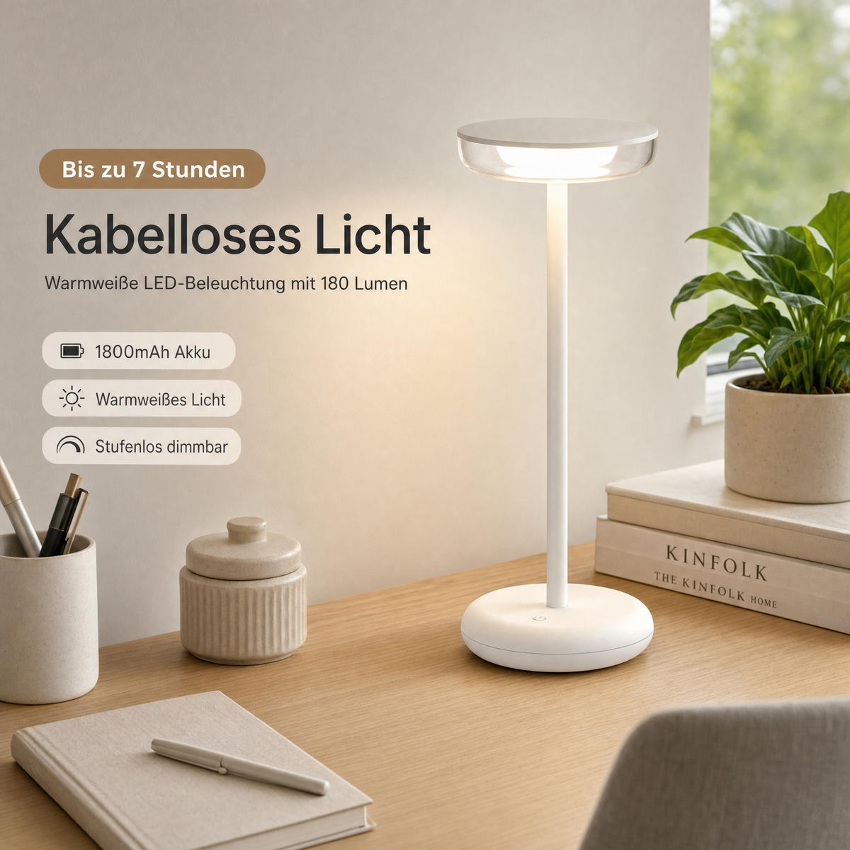 LED-TISCHLAMPE Weiß Dimmbar Akku 1800mAh 180lm warmweiß Touch USB-C Nachttischleuchte Höhe 27,4 cm - Weiß, Kunststoff (11/11/27.4cm) - Northpoint