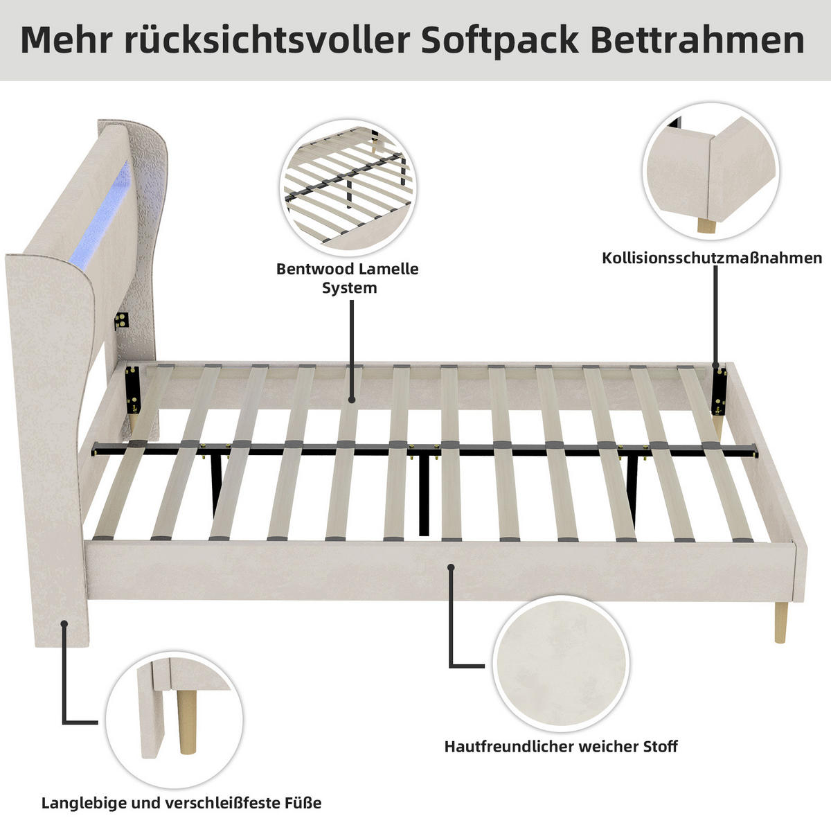 POLSTERBETT 140/200 cm beige aus Stoff und Metall mit LED-Kopfteil - Beige, Textil (140/200cm) - OKWISH