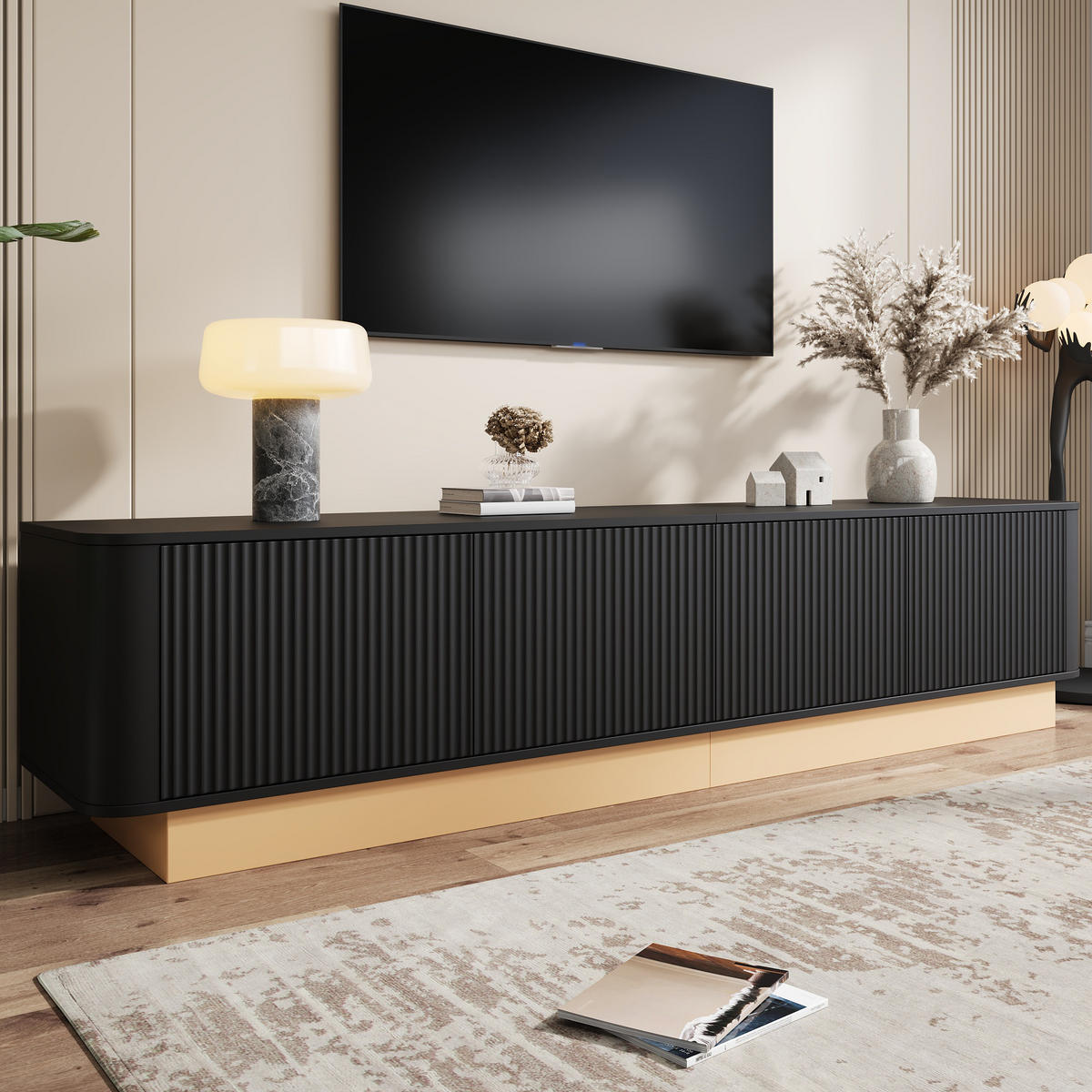 TV-LOWBOARD 200 cm geriffelt 4 Türen - Schwarz, Holz (200/47.5/40cm) - LEBENLANG