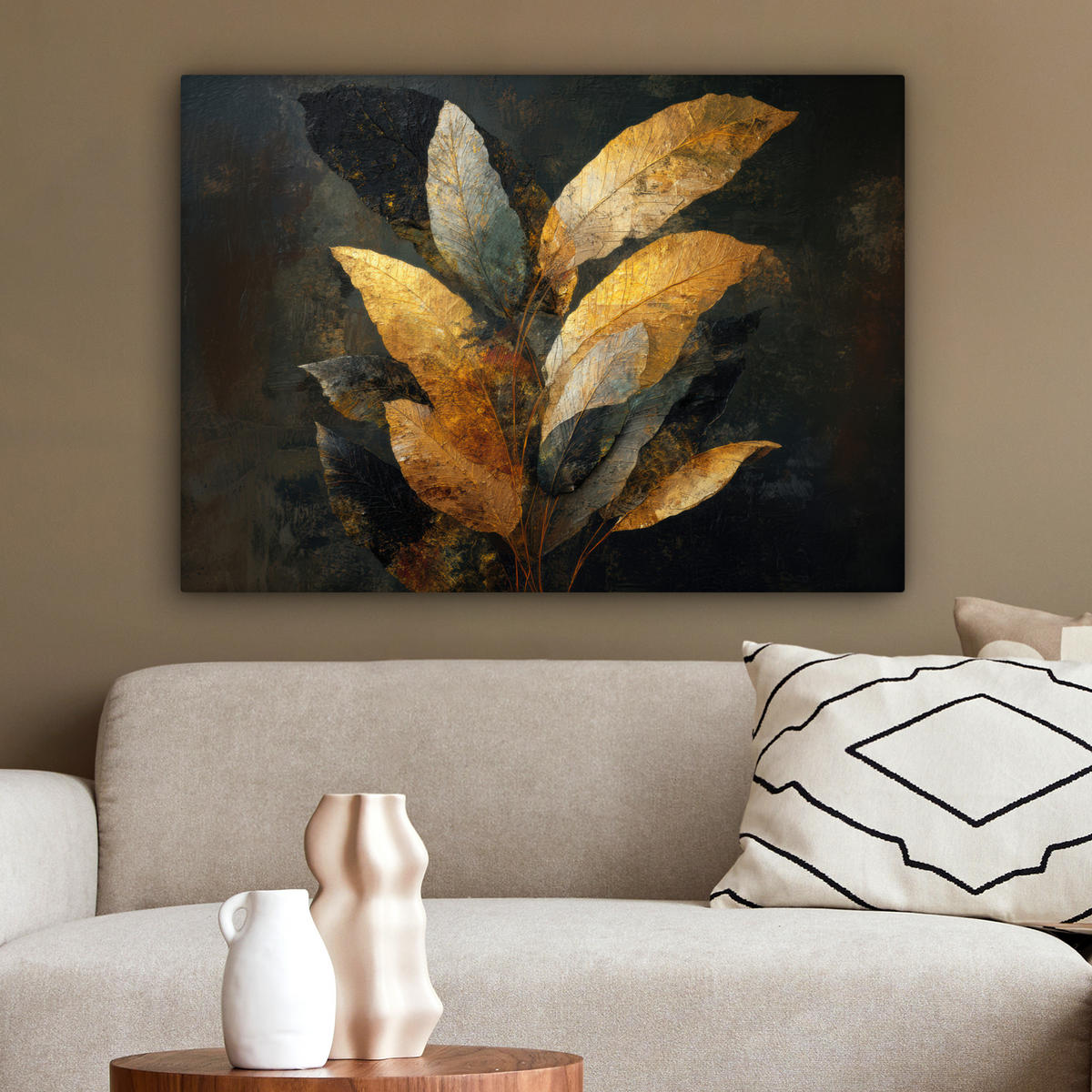 LEINWANDBILD Golden Leaf Komposition - Botanical Luxury Wandbilder 80x60 cm - Goldfarben/Schwarz, Textil (80/60cm) - MuchoWow