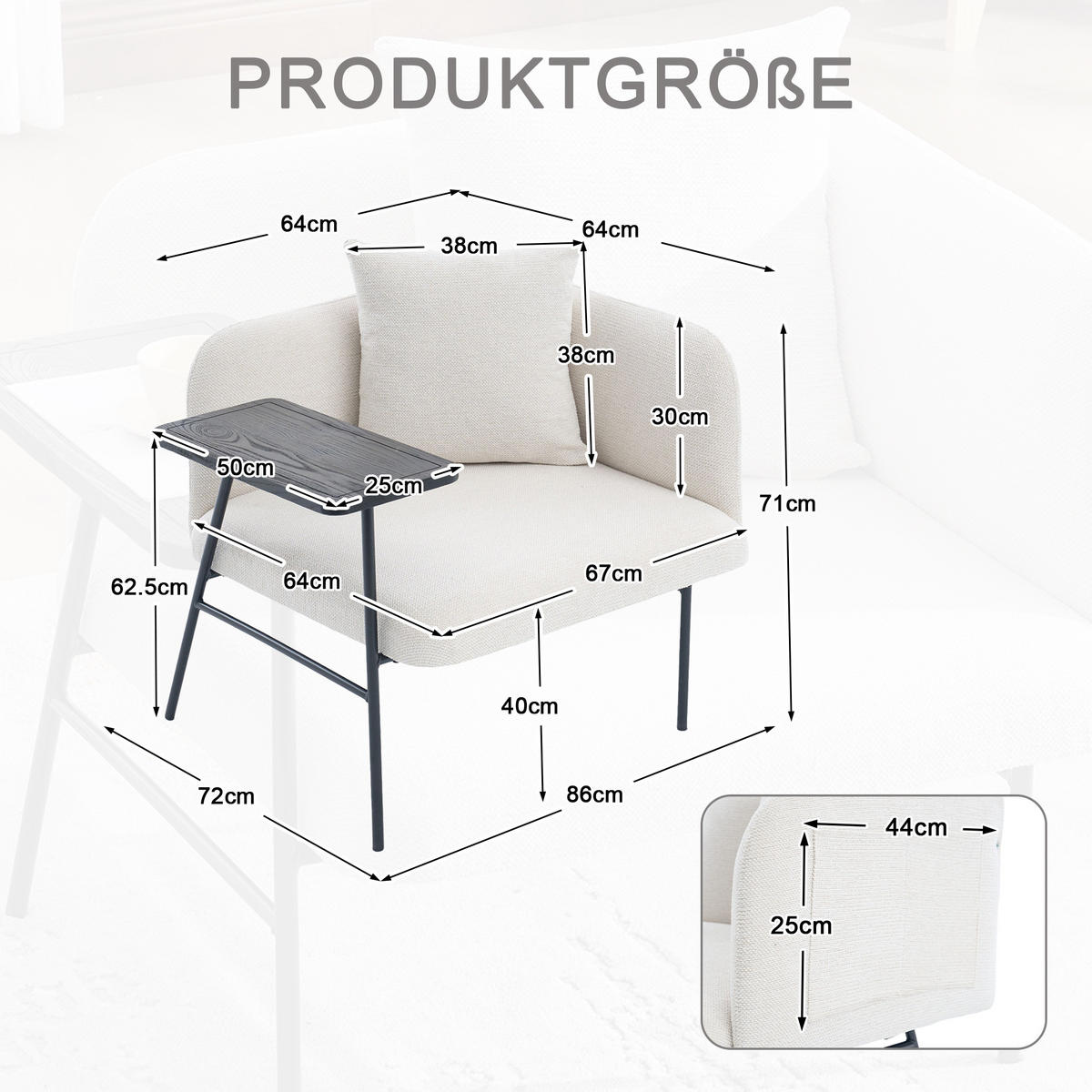 SESSEL Chenille Beige mit Beistelltisch und Seitentaschen - Beige, Textil/Metall (86/71/72cm) - WISHDOR