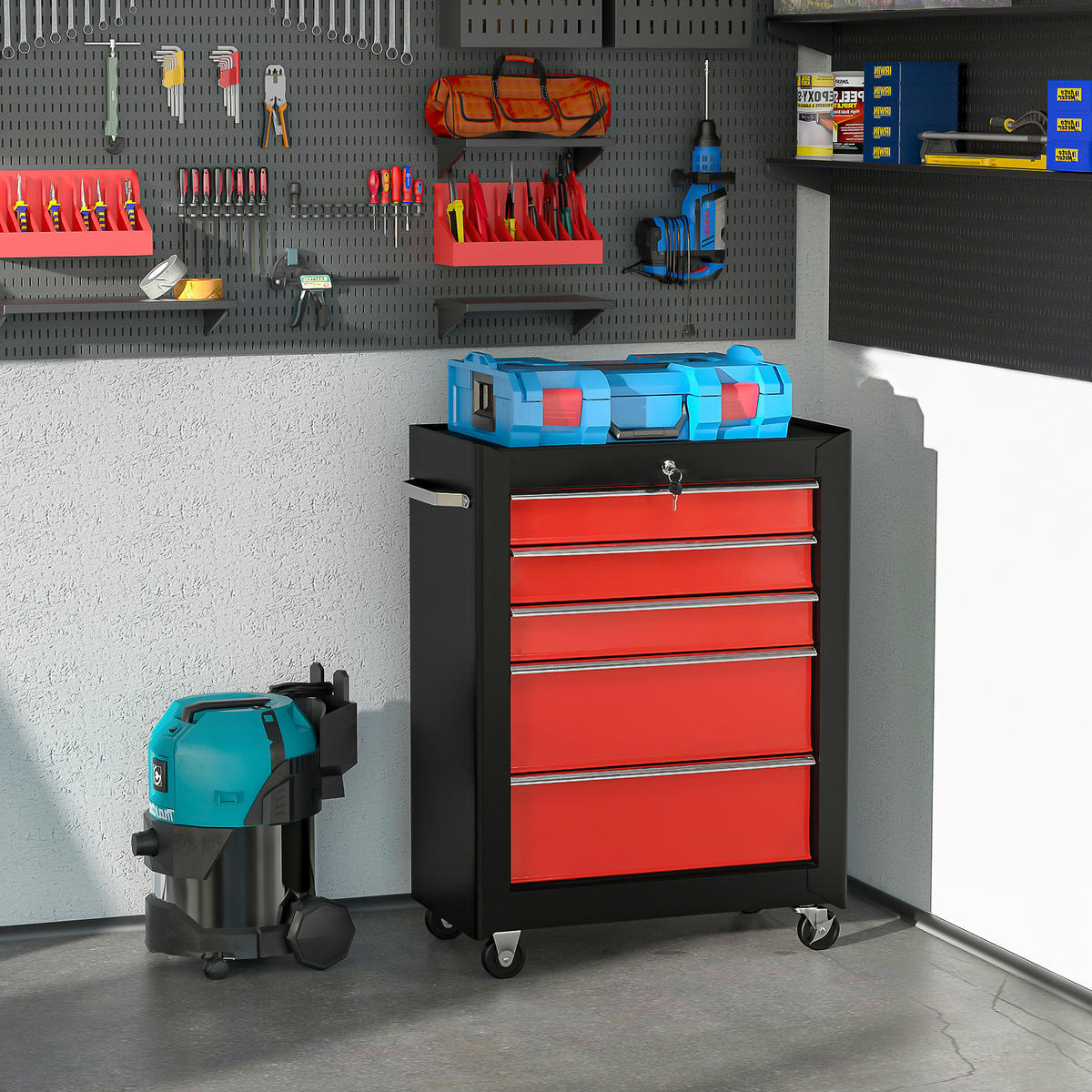 WERKZEUGWAGEN DE-18980 5 Schubladen, abschließbar Rot - Schwarz, Metall (33/82.5/61.5cm) - ComfortXL