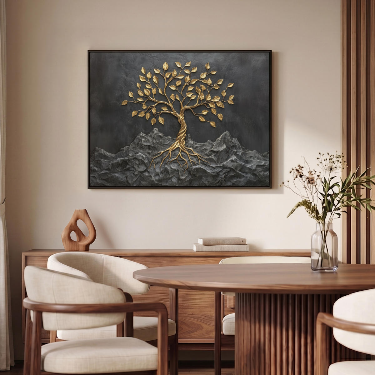 LEINWAND Bilder mit Rahmen - Blätter - Gold - Baum - Fels - 100x70 - Schwarz, Textil (100/70cm) - MuchoWow
