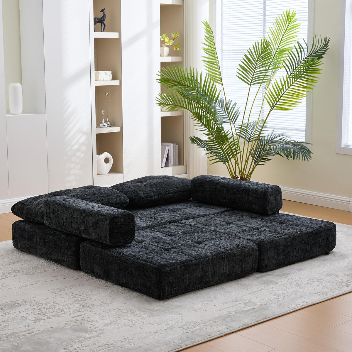 SCHLAFSOFA Schwarz mit Kopf- und Lendenkissen, Chenille - Schwarz, Textil/Metall (79/57/79cm) - CHICFURN