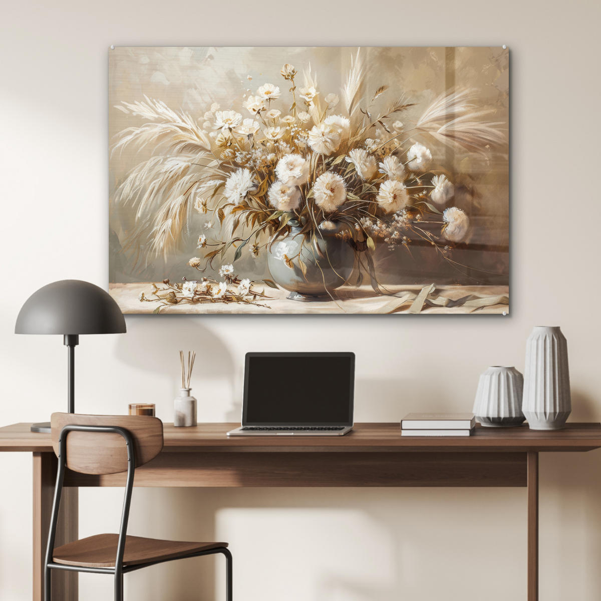 ACRYLGLASBILD Blumen - Vase - Stilleben - Beige 90x60 cm - Creme, Glas (90/60cm) - MuchoWow