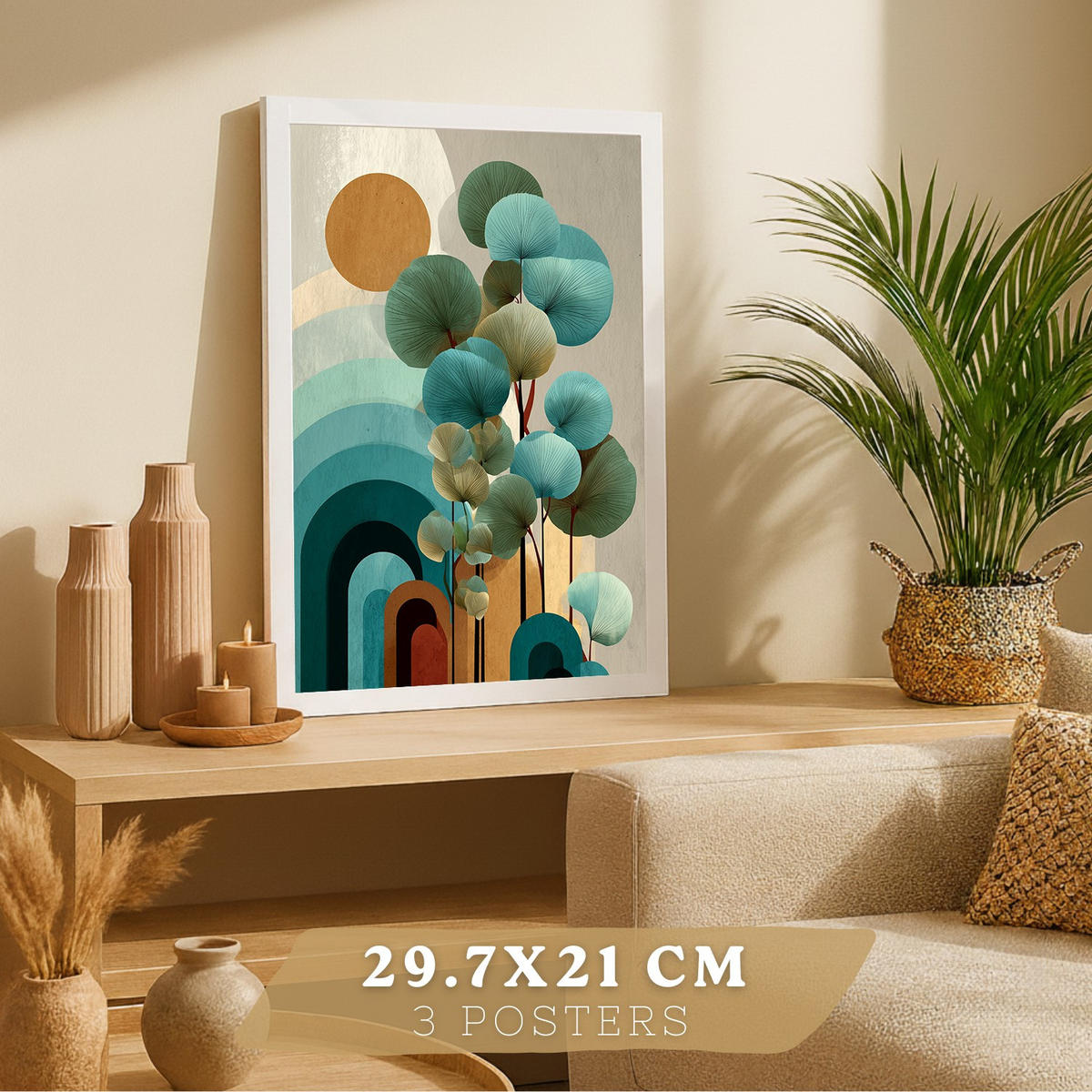 PLAKAT Sada 3 Abstrakt Tyrkys A3 Bílý rám - bílá, papír (29.7/1/42cm) - Nacnic