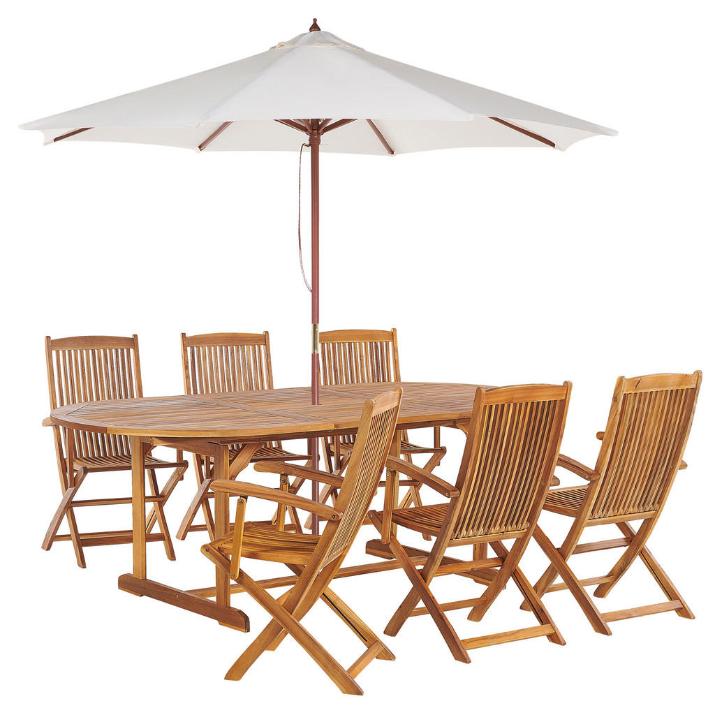 MOBILIER DE GRĂDINĂ set cu 6 locuri cu umbrelă de soare lemn de salcâm maro deschis Maui