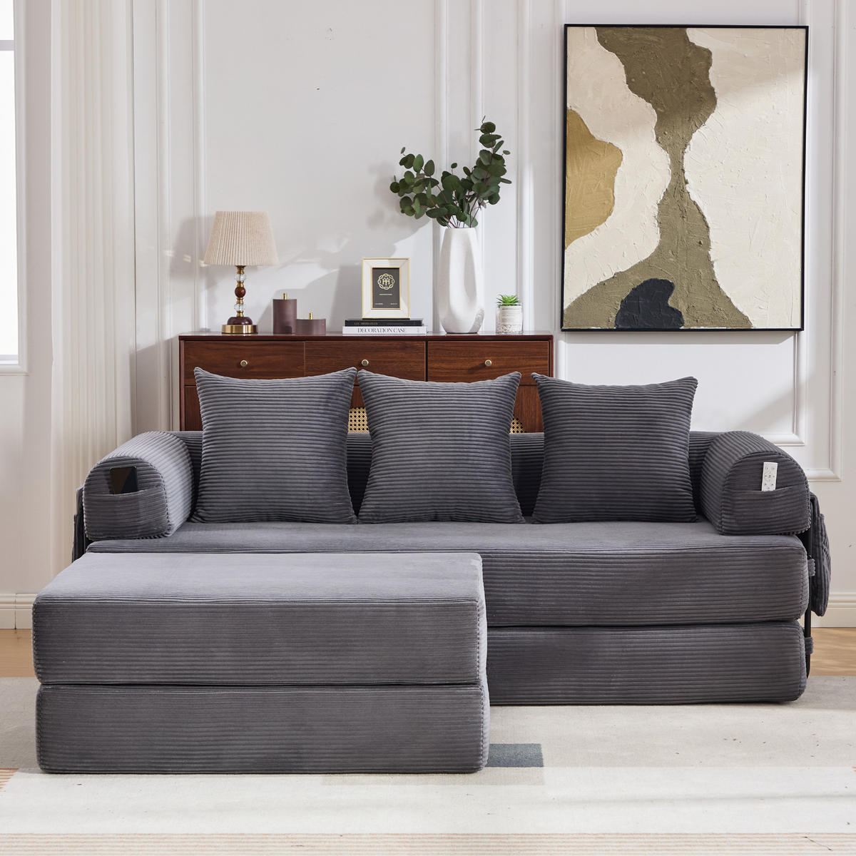 ECKSOFA Cord Dunkelgrau mit Hocker, Kissen und Seitentasche - Dunkelgrau, Textil/Metall (218/285cm) - WISHDOR