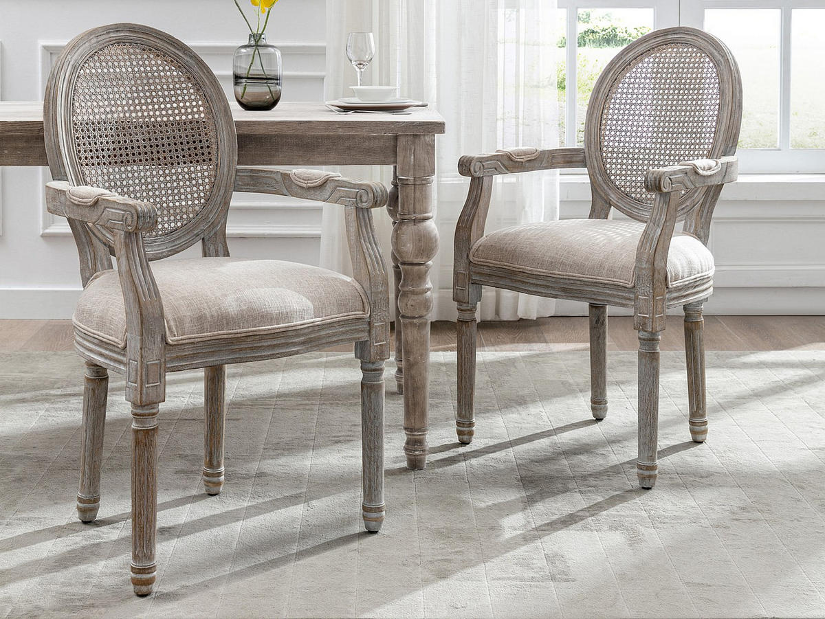 STUHL mit Armlehnen 6er-Set - Rohrgeflecht, Stoff & Kautschukholz - Beige - ANTOINETTE - Beige, Holz/Holzwerkstoff (54.4/95.5/57cm) - Vente-Unique