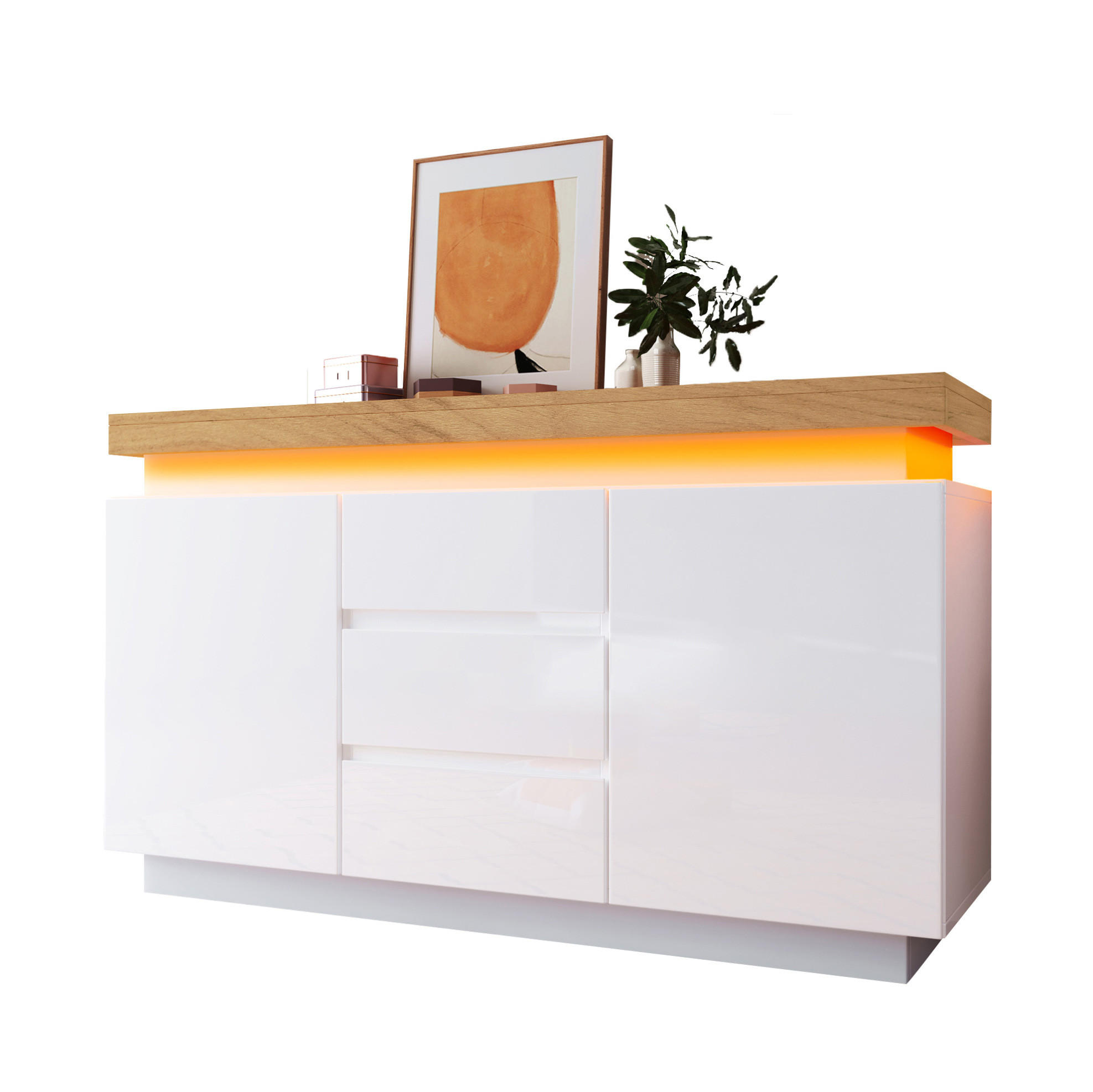KOMMODE 140/39/81 cm in Weiß mit LED-Beleuchtung und 2 Türen - Weiß, Holzwerkstoff (140/81/39cm) - BEAOK