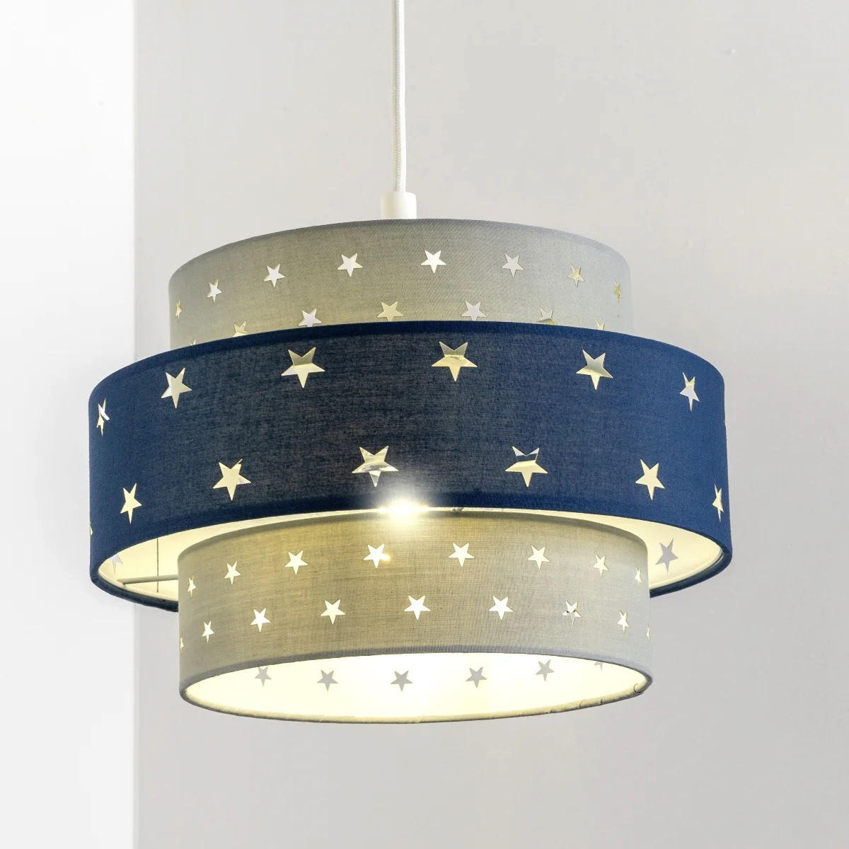 LAMPENSCHIRM STARLIGHT Grau & Marineblau Star Zweistöckig Easy Fit - Dunkelblau, Textil (30/30/19cm) - CGC Europe