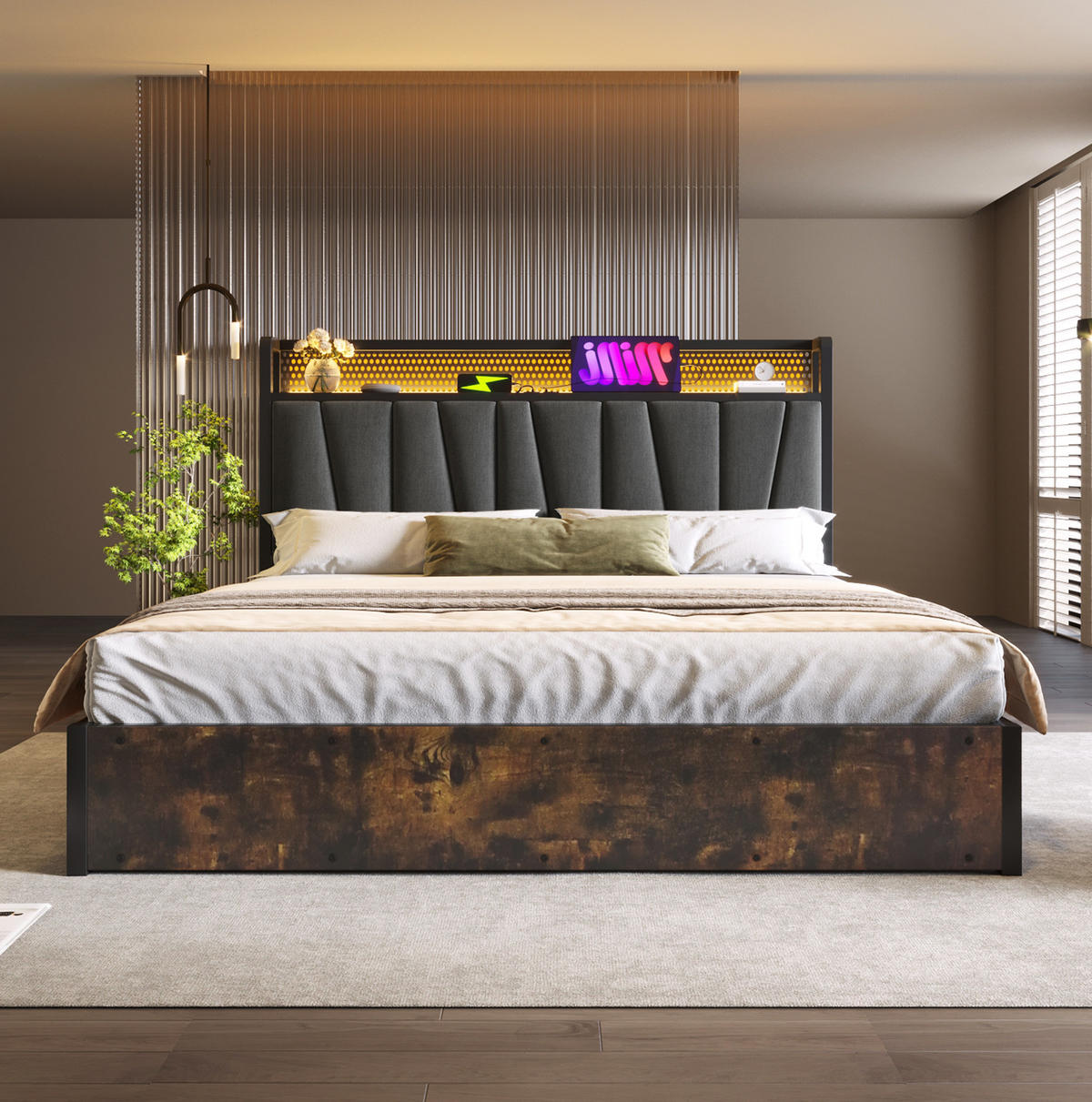 POLSTERBETT aus Leinen 180x200 cm in Grau mit LED & USB-Steckdosen - Grau, Textil (180/200cm) - Modfu