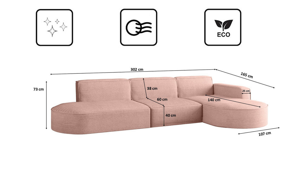 ECKSOFA Designer, Sofa L form MODENA 302 cm stoff Poso Rosa Rechts - Rosa, Holz (302/296cm) - Kaiser Möbel