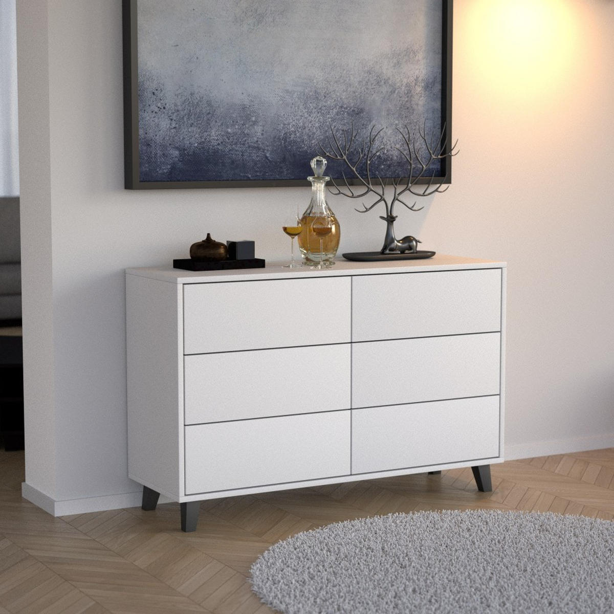 KOMMODE Home mit 6 Schubladen, 120 cm, ohne Griffe, Weiß - Schwarz/Weiß, Holzwerkstoff (120/80/40cm) - Beautysofa
