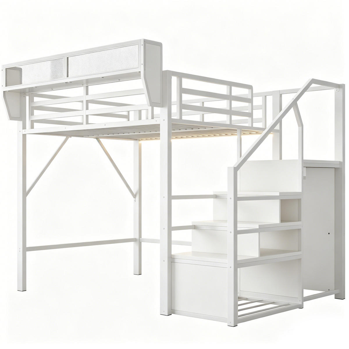 HOCHBETT 140/200 cm in Weiß Metall mit LED, Sicherheitsleiter und Stauraum - Weiß, Holzwerkstoff/Metall (140/200cm) - WISHDOR