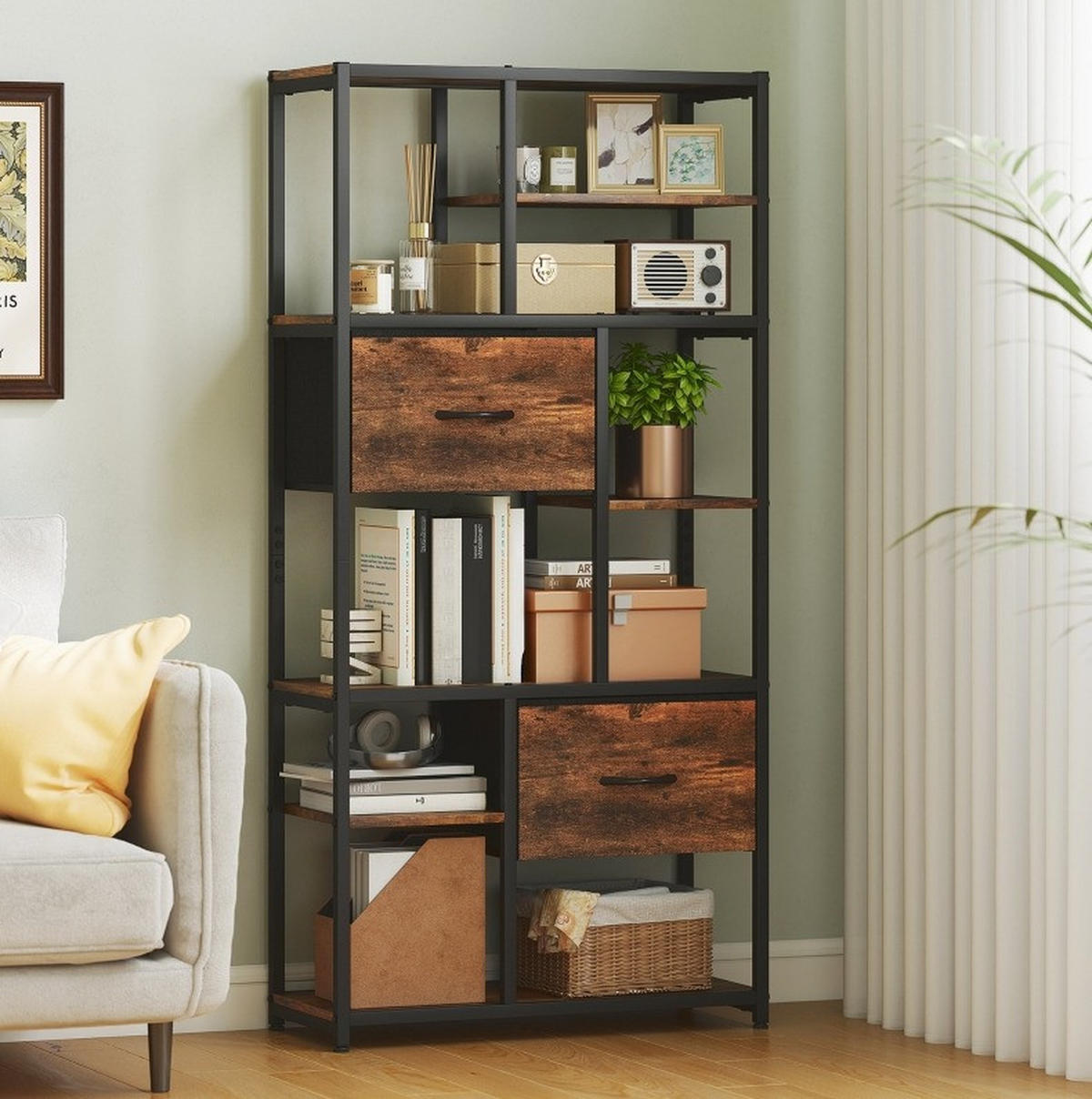 STANDREGAL 30/72,5/150 cm mit 2 Stoffschubladen und 9 offenen Fächern in Holzoptik, Braun - Braun, Holzwerkstoff (72.5/150/30cm) - Redom
