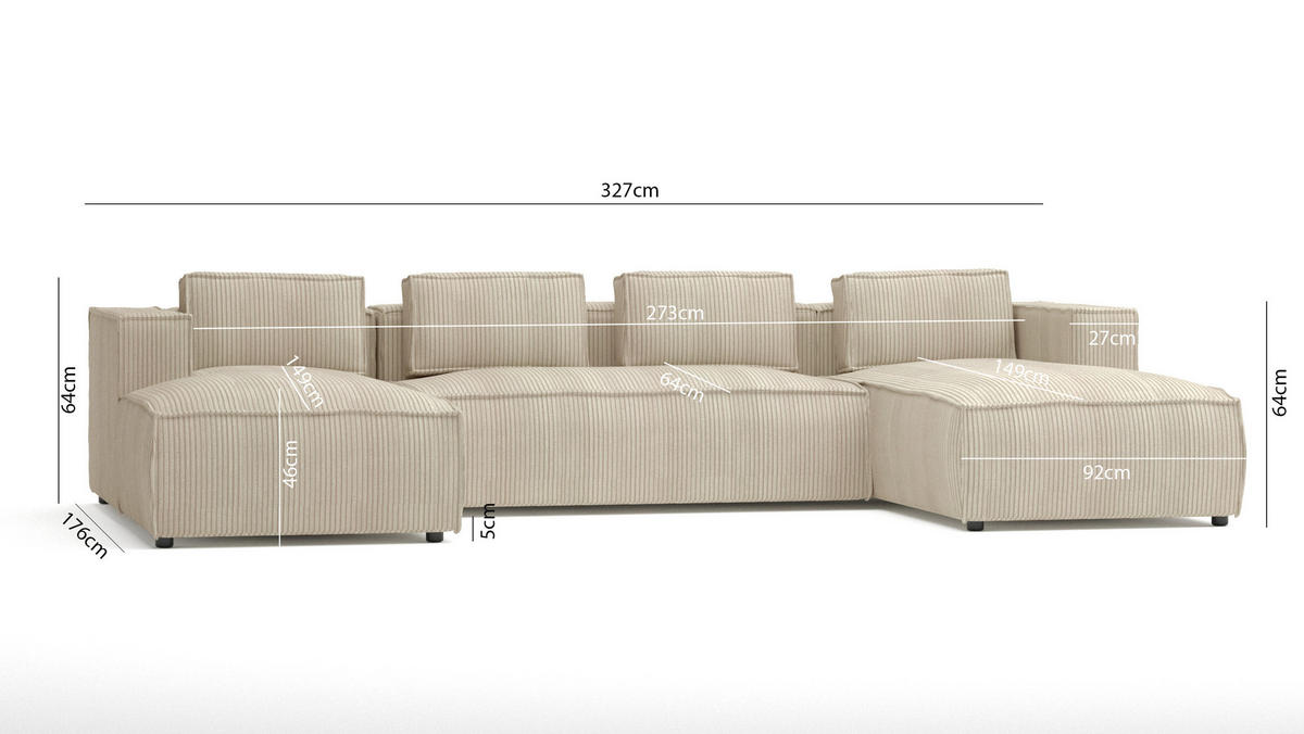 WOHNLANDSCHAFT Nova Beige Cord - Beige/Schwarz, Holz/Kunststoff (327/64/176cm) - S-Style Möbel