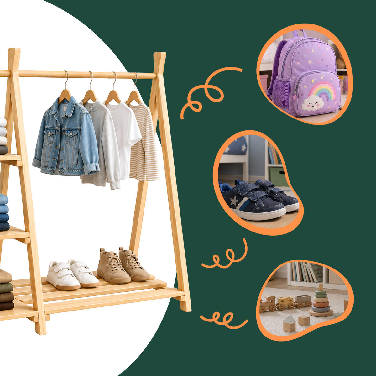 KINDERKLEIDERSTÄNDER Natur Kiefernholz mit Regal 111,5 cm - Hellbraun, Holz (112/111.5/48cm) - Relaxdays