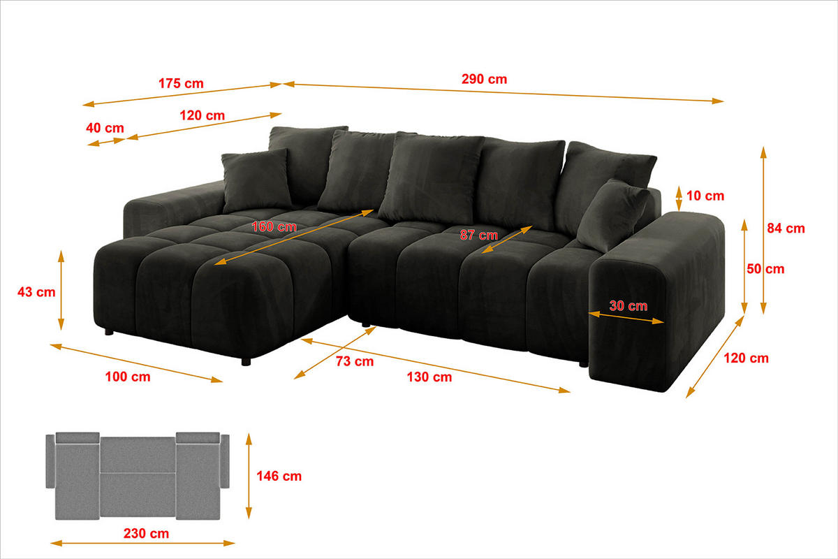 ECKSOFA Ottomane links/rechts ENIL-L 290x175x84 Schwarz Velours - Schwarz, Holzwerkstoff/Kunststoff (290/175cm) - ALTDECOR