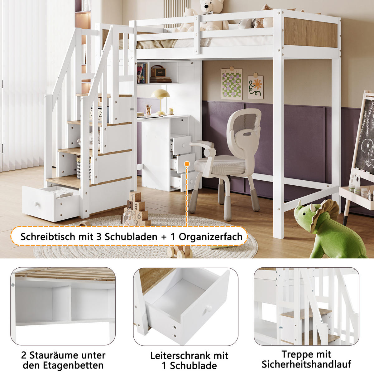 HOCHBETT 90/200 cm aus Kiefer und MDF mit Schreibtisch und Stauraumtreppe Weiß/Natur - Weiß, Holz (90/200cm) - Modenvie