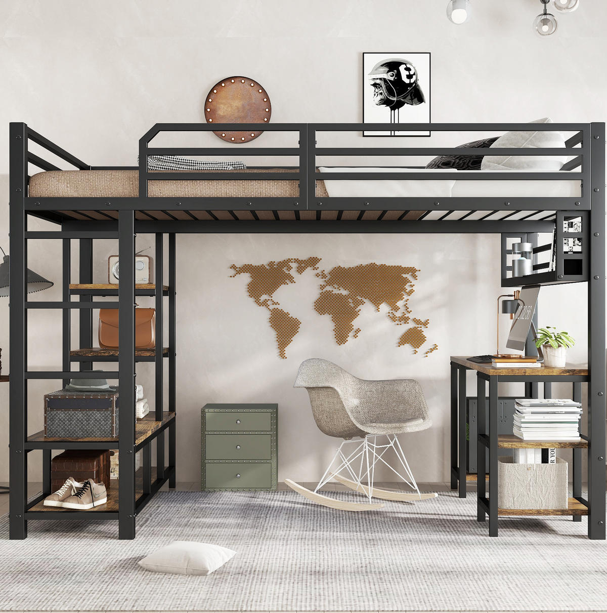 HOCHBETT 120/200 cm mit Schreibtisch, Ablage und 4-stufiger Leiter, stabile Lattenroste, Schwarz/Dunkelwalnuss - Schwarz, Metall (120/200cm) - Redom