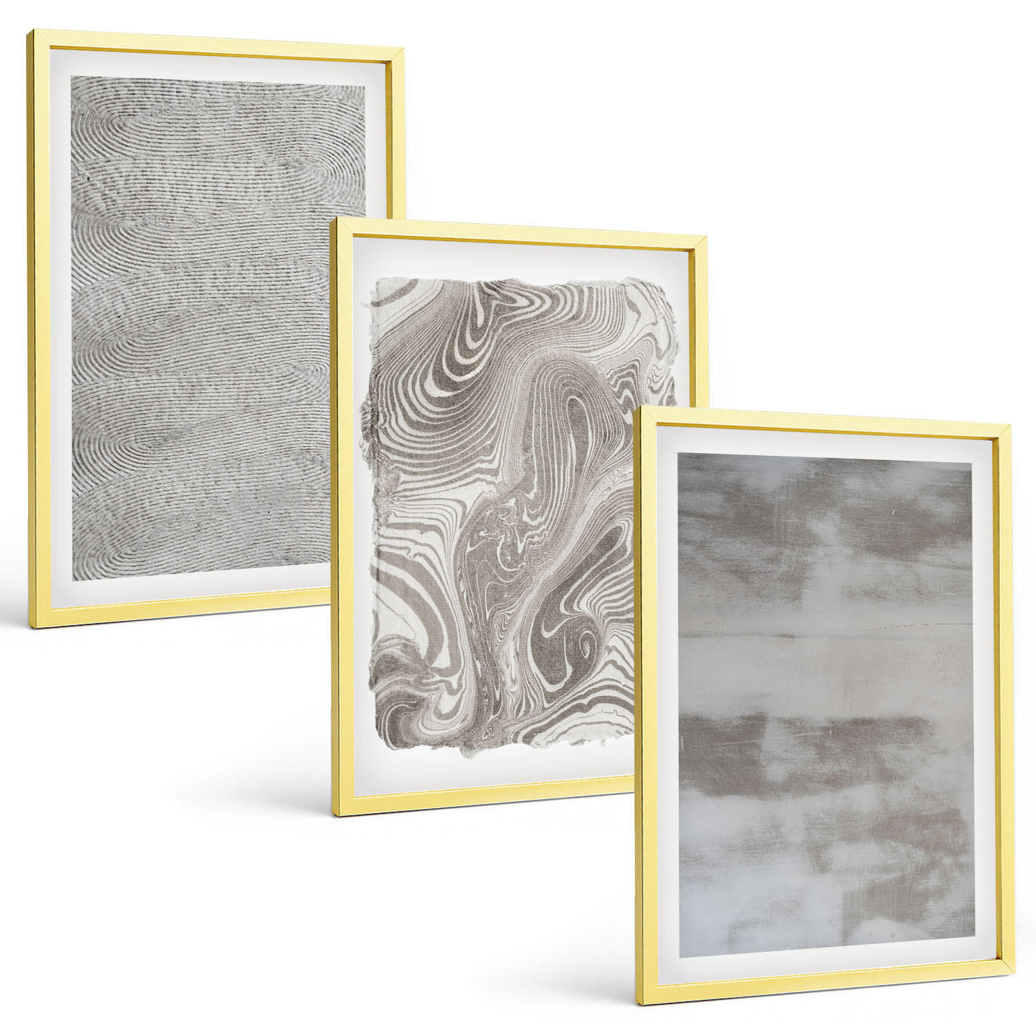 BILDER SET 3er Set - 40x60 cm Goldrahmen - Industrielle abstrakte Muster - Goldfarben, Kunststoff (40/60cm) - TULUP