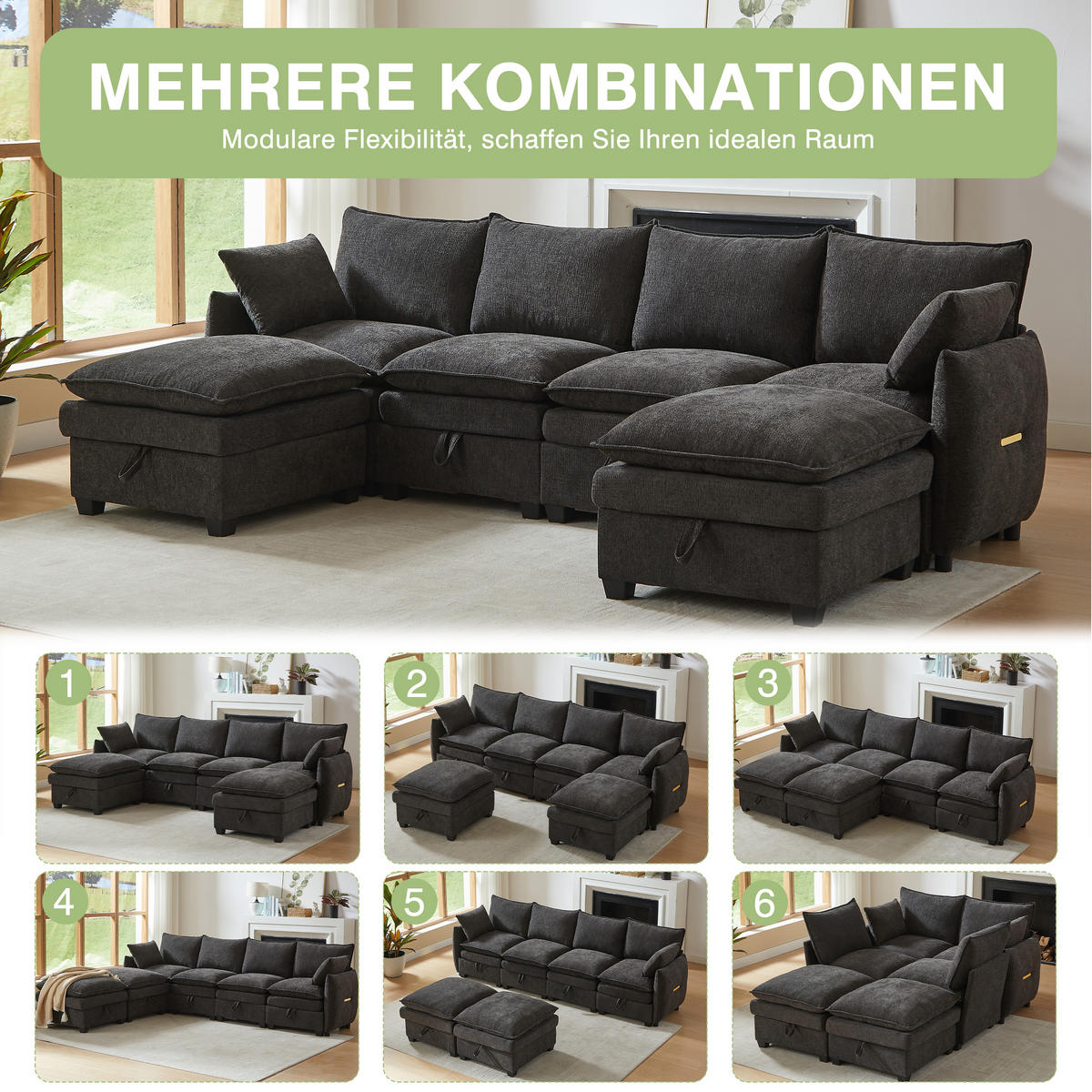 WOHNLANDSCHAFT 281/147/89 cm Grau mit 2 Fußhocker - Grau, Textil (281/89/147cm) - Oxeza