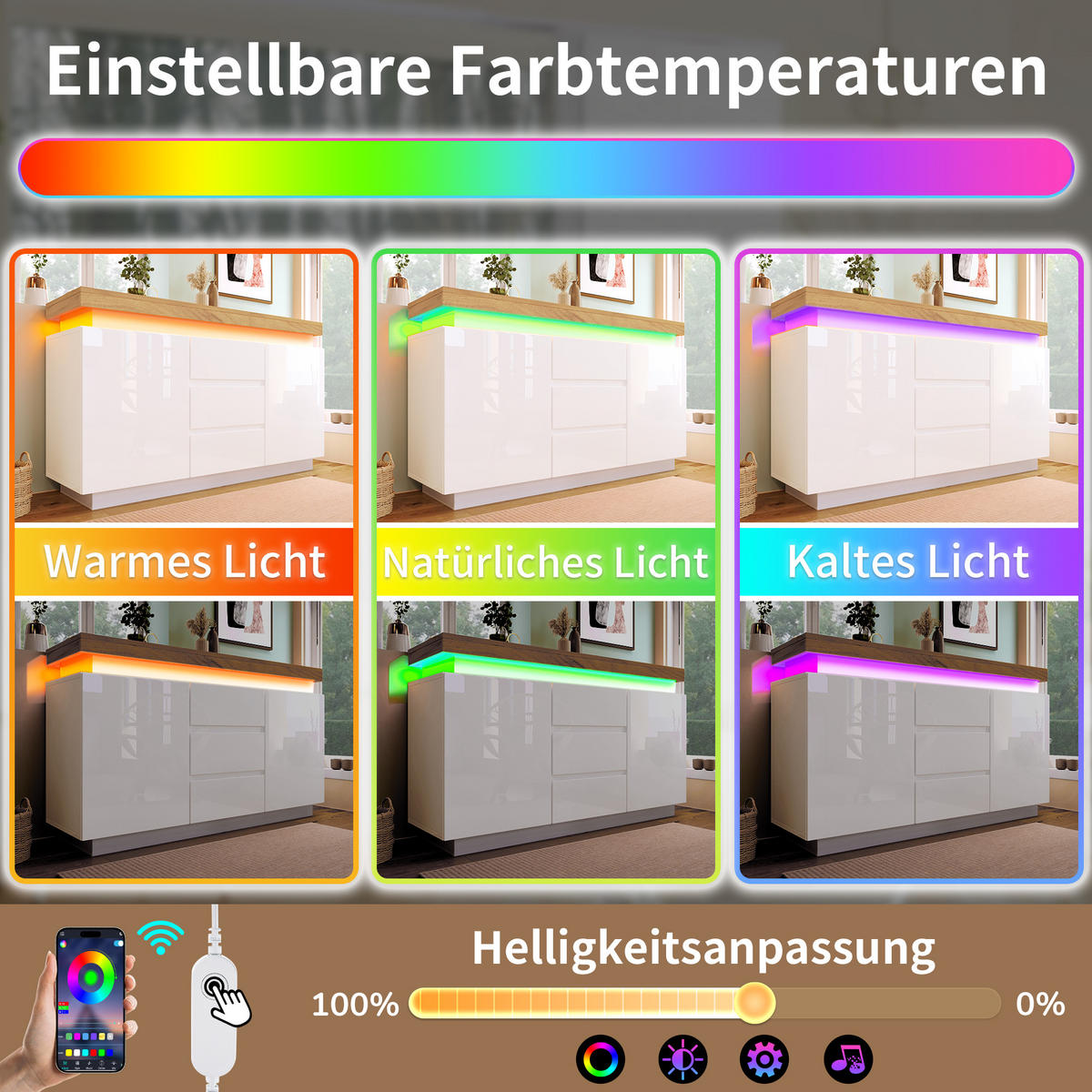 SIDEBOARD 140 cm in Weiß Hochglanz mit Smart-LED & 3 Schubladen - Weiß, Holzwerkstoff (140/81/39cm) - Urban Meuble