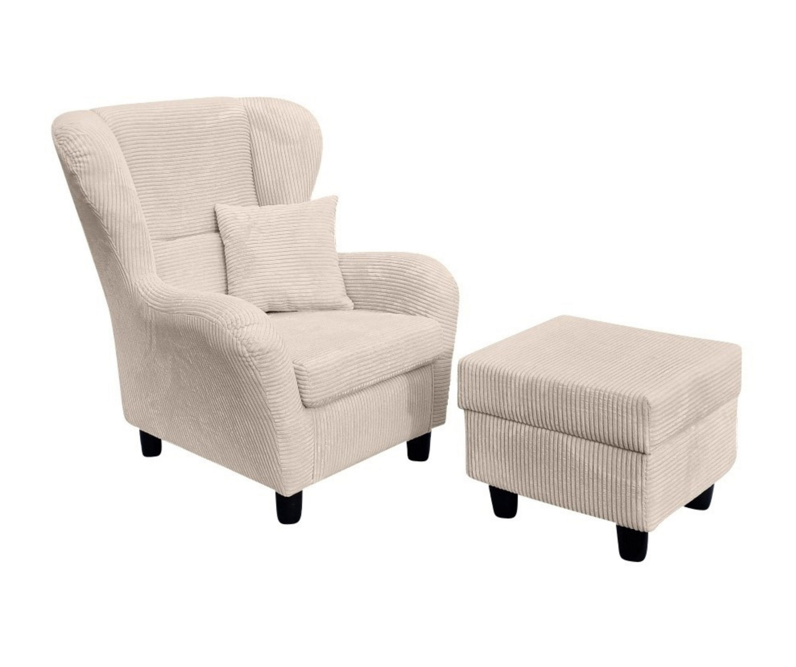 OHRENSESSEL mit HOCKER, hoher Sitzkomfort durch Wellenunterfederung B90/H98/T76 cm, Cord Beige Creme / 18017 - Beige/Schwarz, Holz/Textil (90/98/76cm) - luma-home