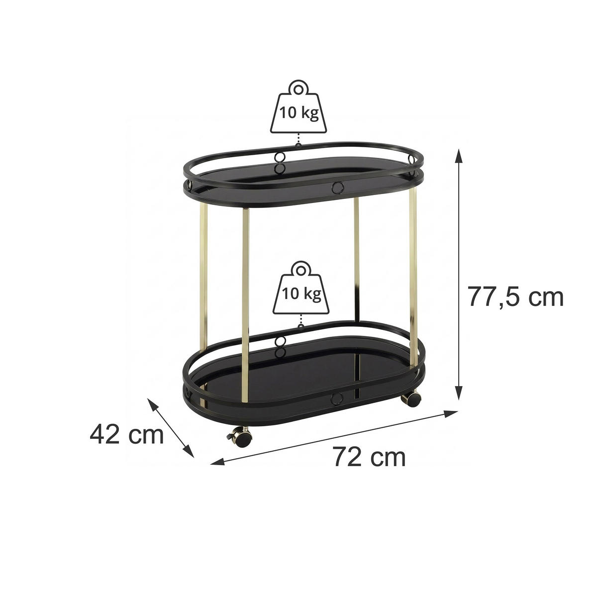 SERVÍROVACÍVOZÍK Černá Zlatá 2 skleněné police ocel - černá, kov/plast (72/77.5/42cm) - Relaxdays