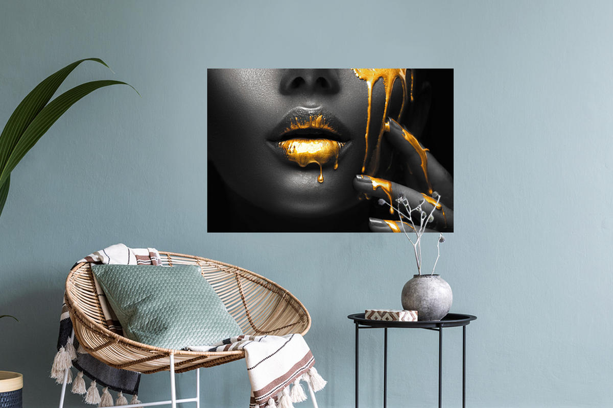 WANDTATTOO Frau - Schwarz - Gold - Gesicht - Lippen 60x40 cm - Goldfarben, Kunststoff (60/40/0.1cm) - MuchoWow