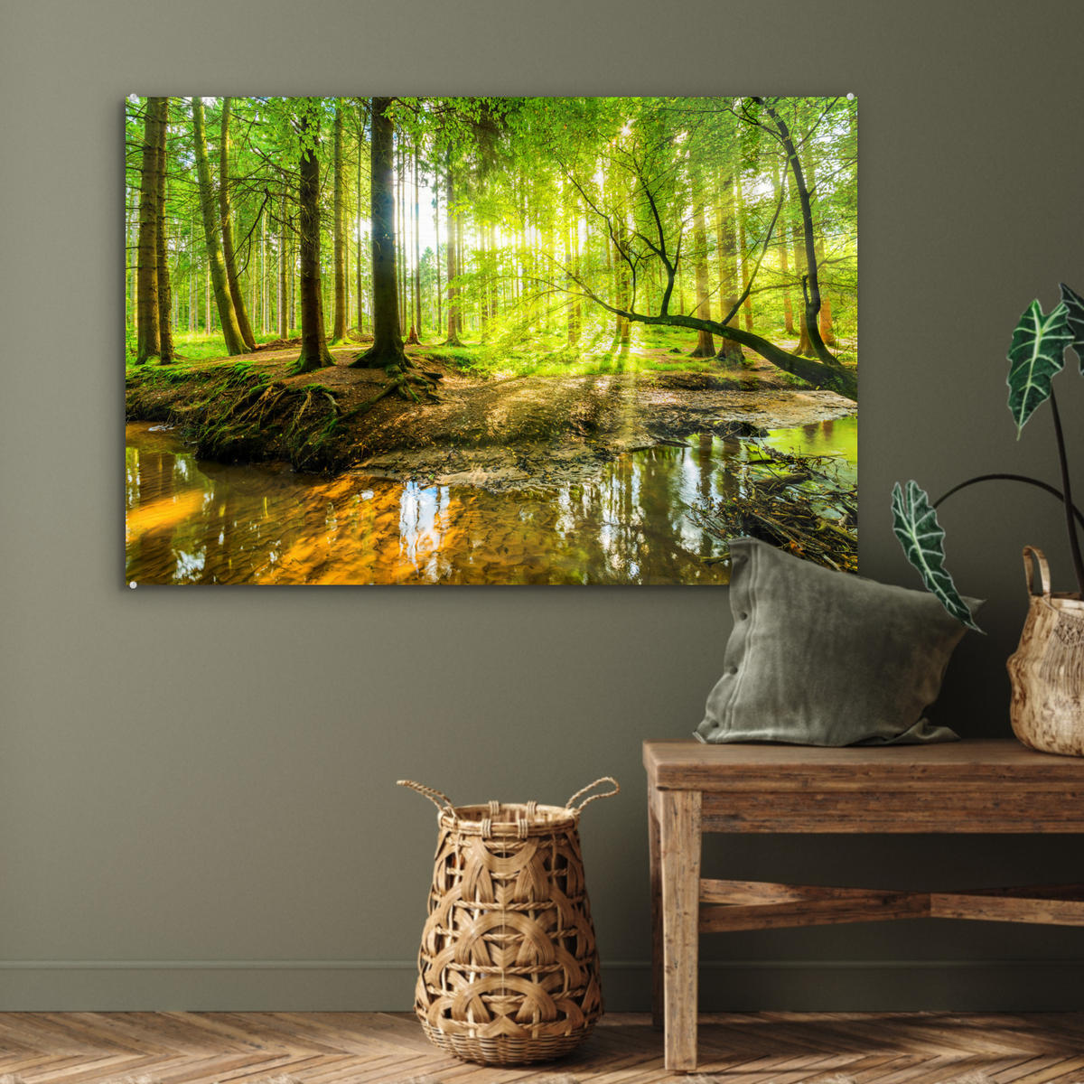 ACRYLGLASBILD Wald - Landschaft - Wasser - Bäume - Sonne - Grün - Natur 120x80 cm - Grün, Glas (120/80cm) - MuchoWow