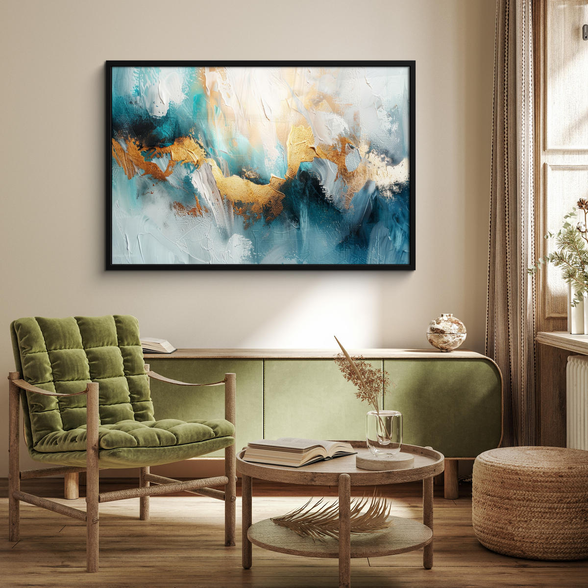 POSTER MIT RAHMENGERAHMTES BILD Abstrakt - Kunst - Gold - Blau 120x80 cm - Petrol, Papier (120/80cm) - MuchoWow