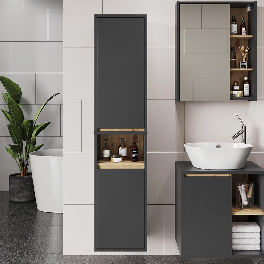 Thumbnail - Vicco Hochschrank, Grau, Eiche Artisan, Holzwerkstoff, 3 Fächer, Rechteckig, 38x170x33 cm, Badezimmer, Badezimmerschränk...