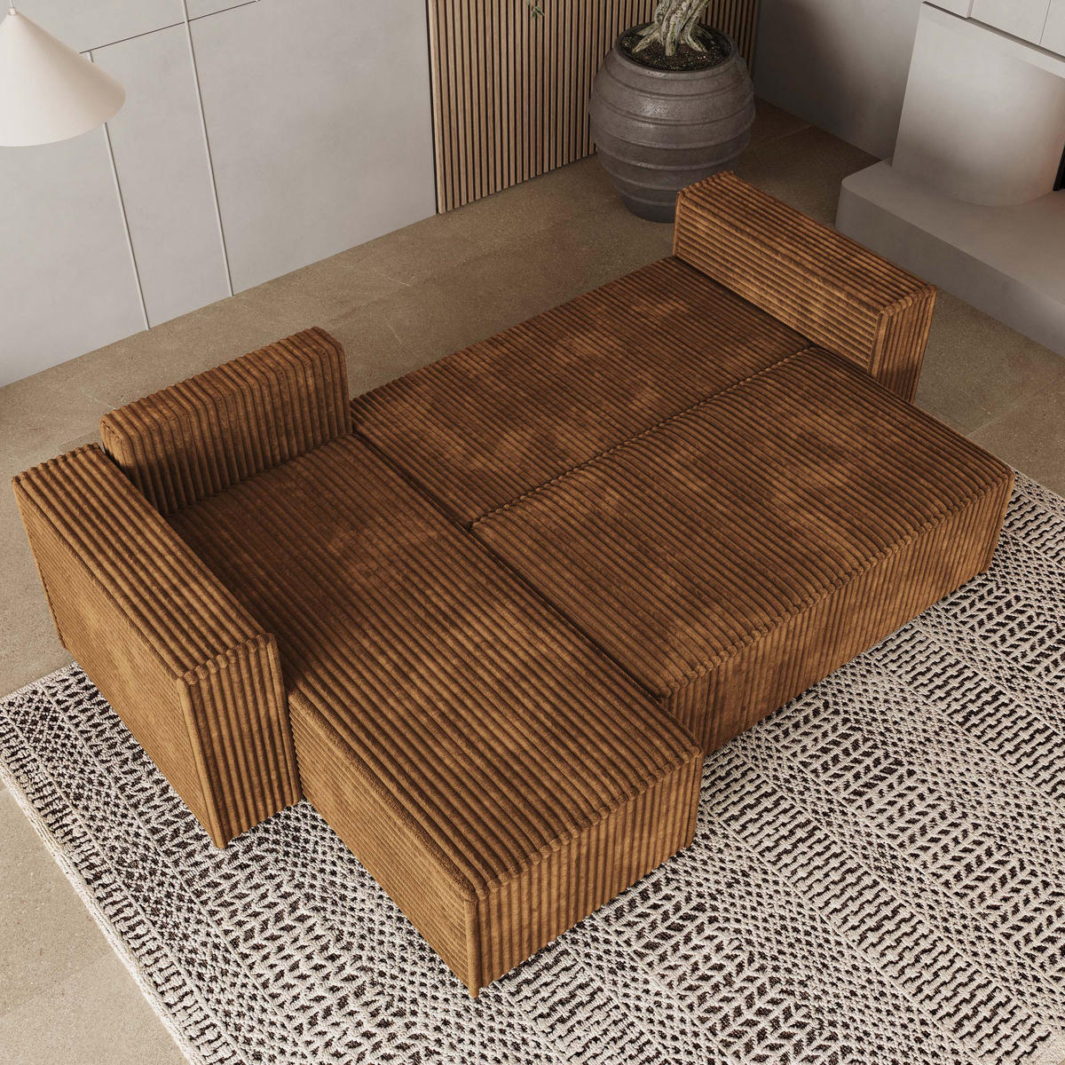 ECKSOFA RAVELO T Kupferfarben Kordstoff mit Schlaffunktion - Kupferfarben, Holz (240/140cm) - MASSENO