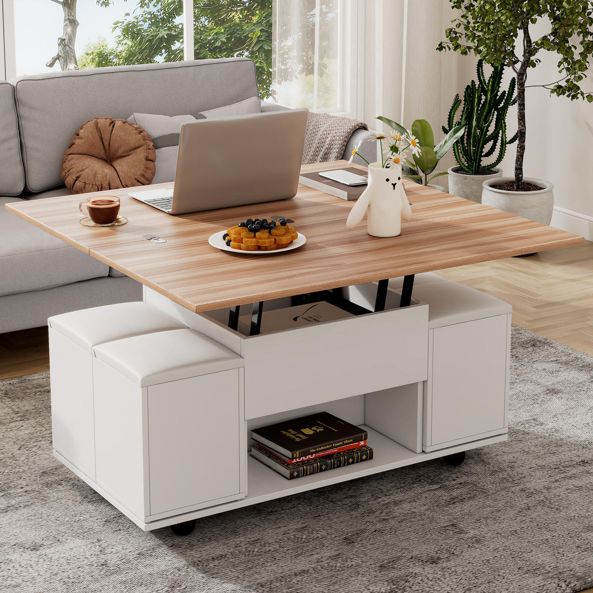 COUCHTISCH DE-37089 mit Lift-Top und 4 Hockern Weiß/Natur - Weiß, Holzwerkstoff (100/100/63.5cm) - ComfortXL
