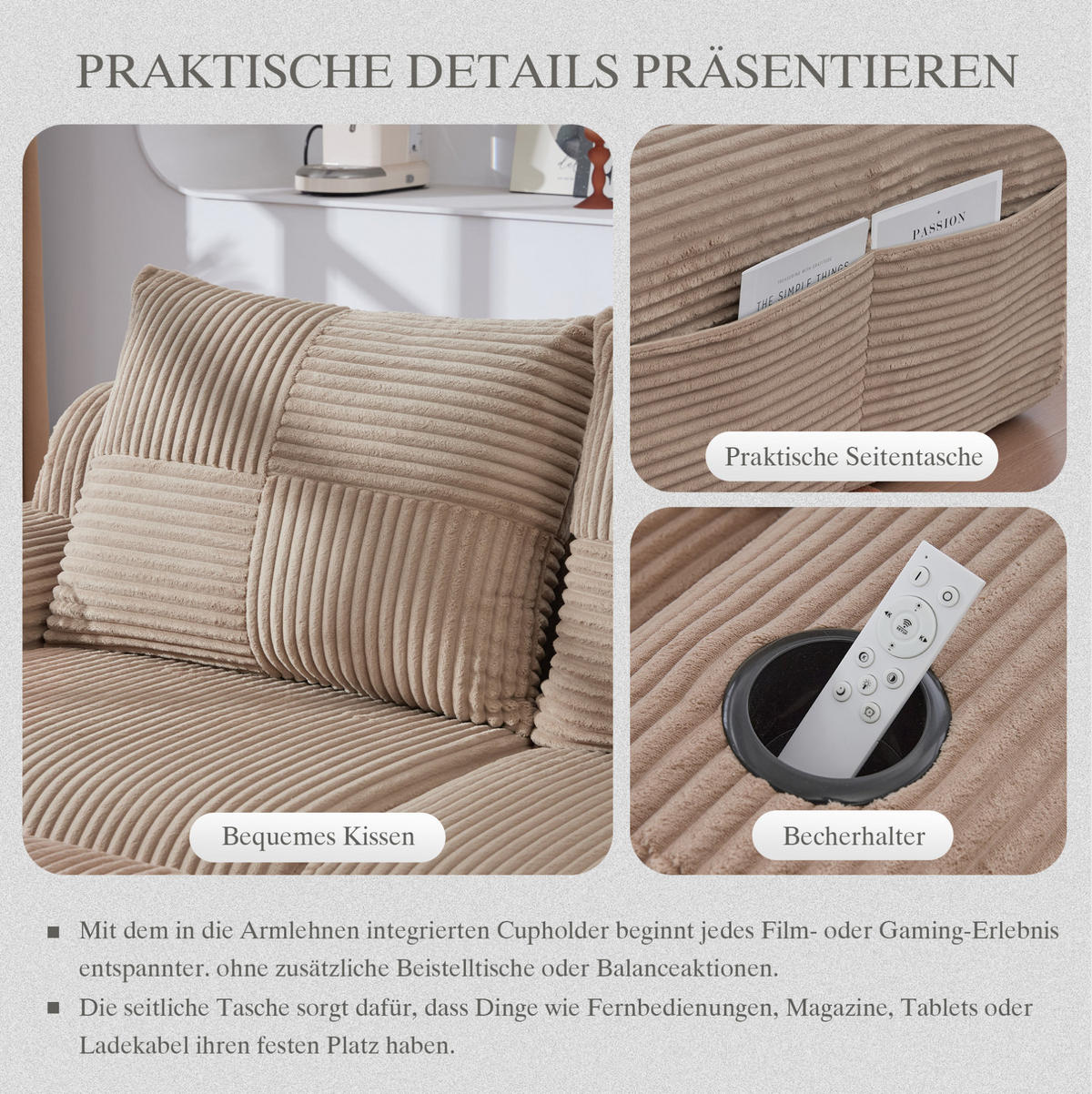 ECKSOFA 200/174/80 cm khaki aus Cord mit Cupholder und Seitentasche - Sandfarben, Textil (174/200cm) - OKWISH