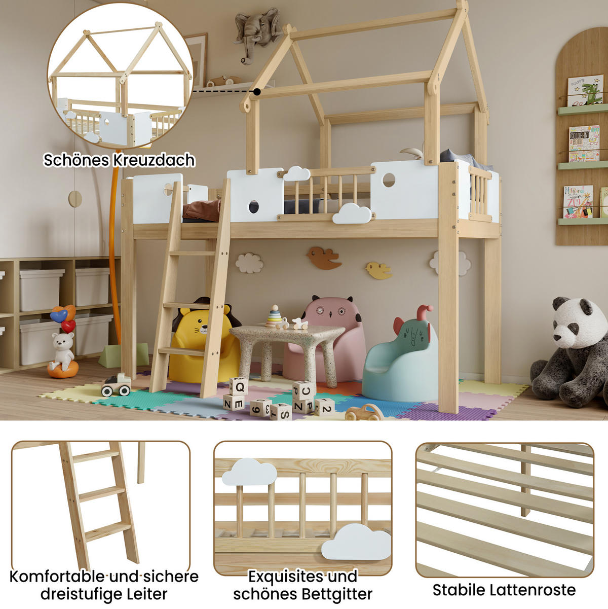 HOCHBETT 90/200 cm aus Kiefer/MDF mit Dachdesign, Fallschutz, 3-stufiger Leiter und frei nutzbarem Unterraum, Weiß/Natur - Weiß, Holzwerkstoff (90/200cm) - Redom