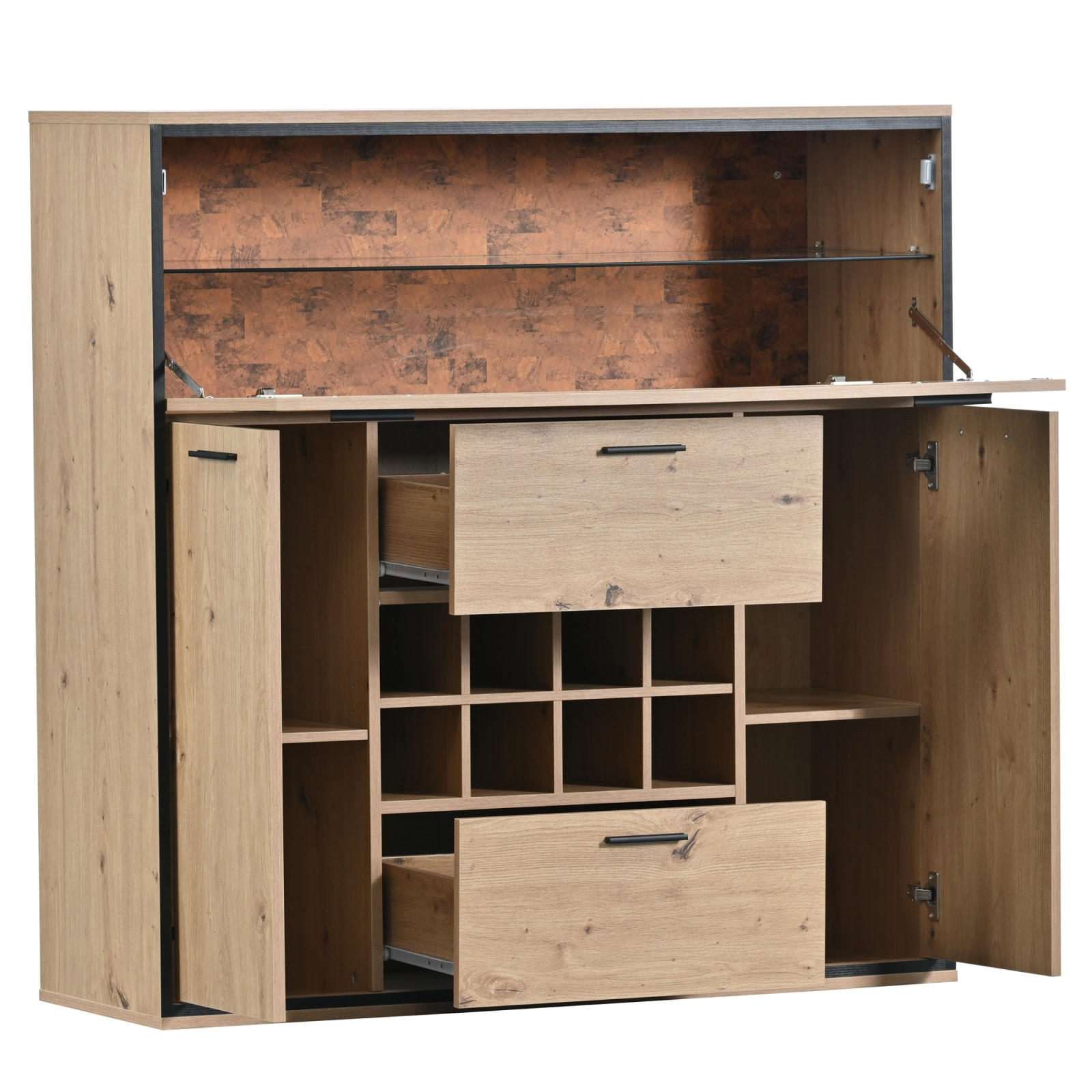 WEINSCHRANK 110x38x111 cm Holz, 2 Türen, Glasregal, Weinhalterung, LED-Beleuchtung - Naturfarben, Holz (110/111/38cm) - PARAFTA HOME