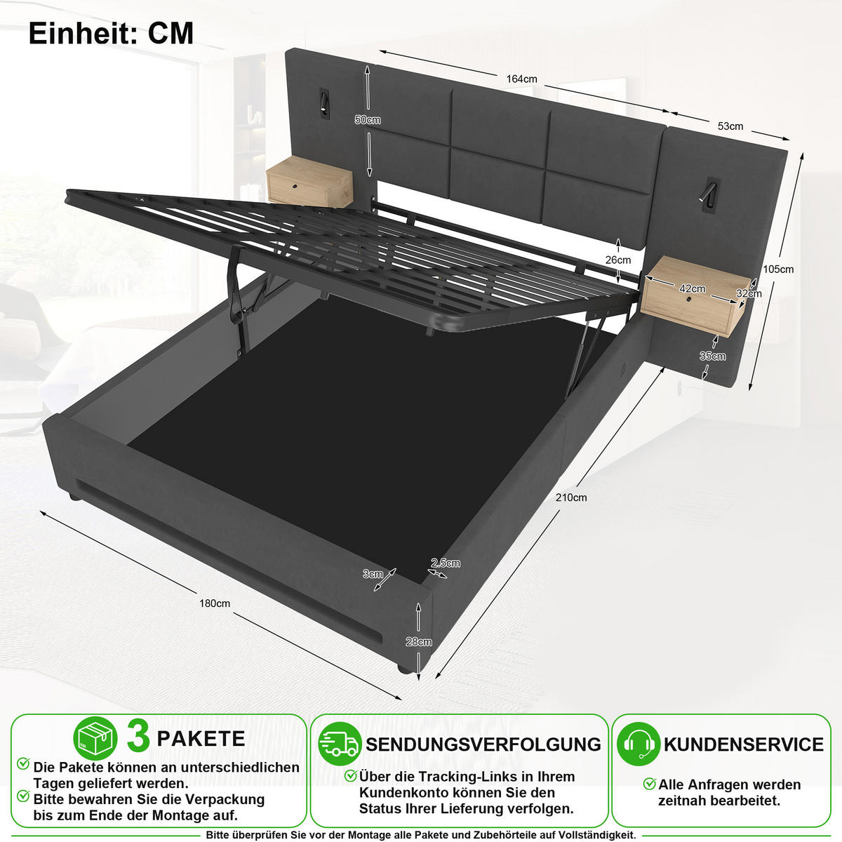 POLSTERBETT 180/200 cm in Dunkelgrau Samt mit Bettkasten, LED, USB-C und Schubladen - Dunkelgrau, Holzwerkstoff/Textil (180/200cm) - CHICFURN