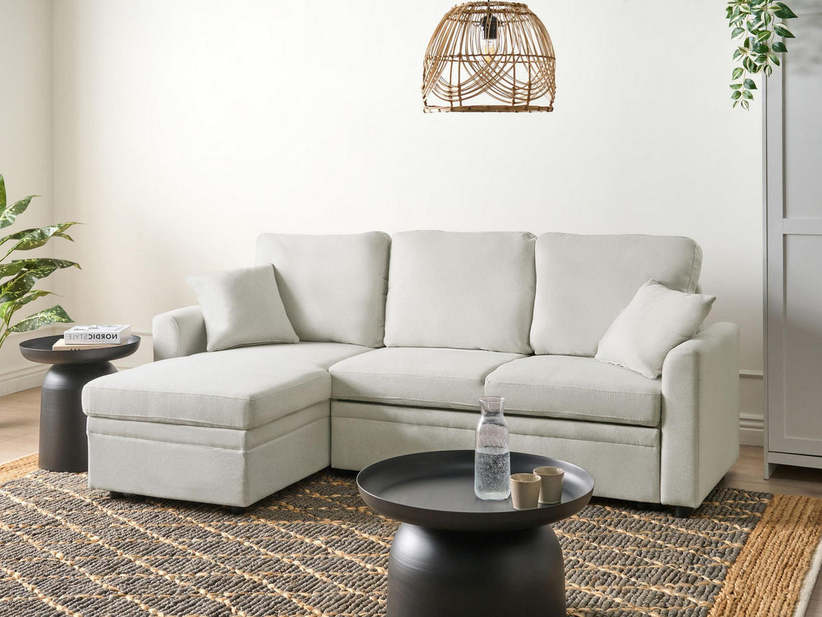 ROZKLÁDACÍ ROHOVÁ POHOVKA 3-místná Umělý len Světle béžová pravostranná Nassjo - béžová, textil (210/131cm) - Beliani