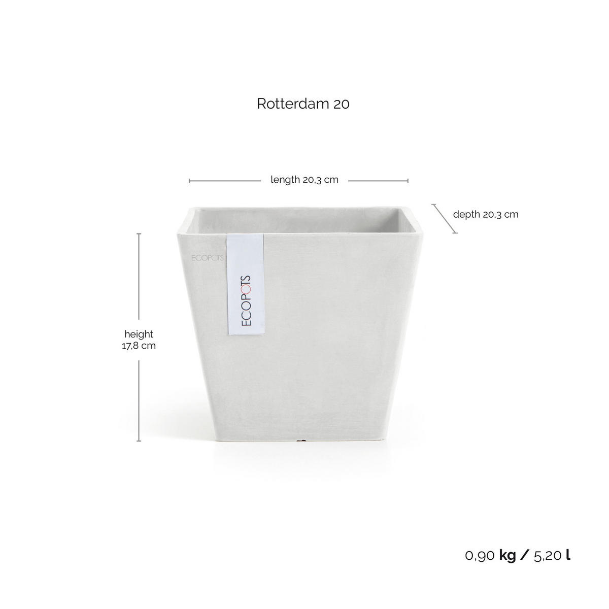 BLUMENTOPF Rotterdam 20,3/20,3/17,8 cm Weiß - Weiß, Kunststoff (20.3/17.8cm) - Ecopots