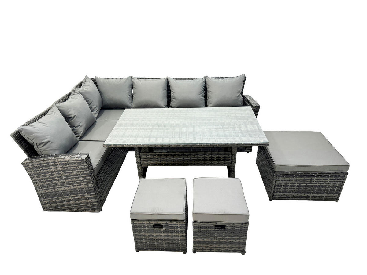 GARTENLOUNGE mit Ecksofa Polyrattan Dunkelgrau 9-Sitzer - Dunkelgrau/Grau, Glas/Kunststoff - Fimous