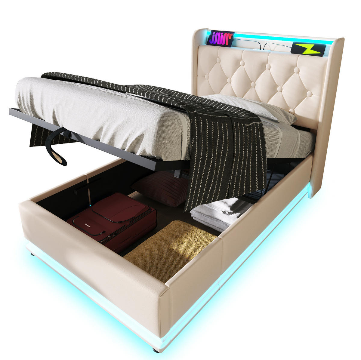 POLSTERBETT 90/200 cm Weiß aus PU mit Stauraum, LED-Beleuchtung und USB - Weiß, Kunststoff (90/200cm) - Flora Grace