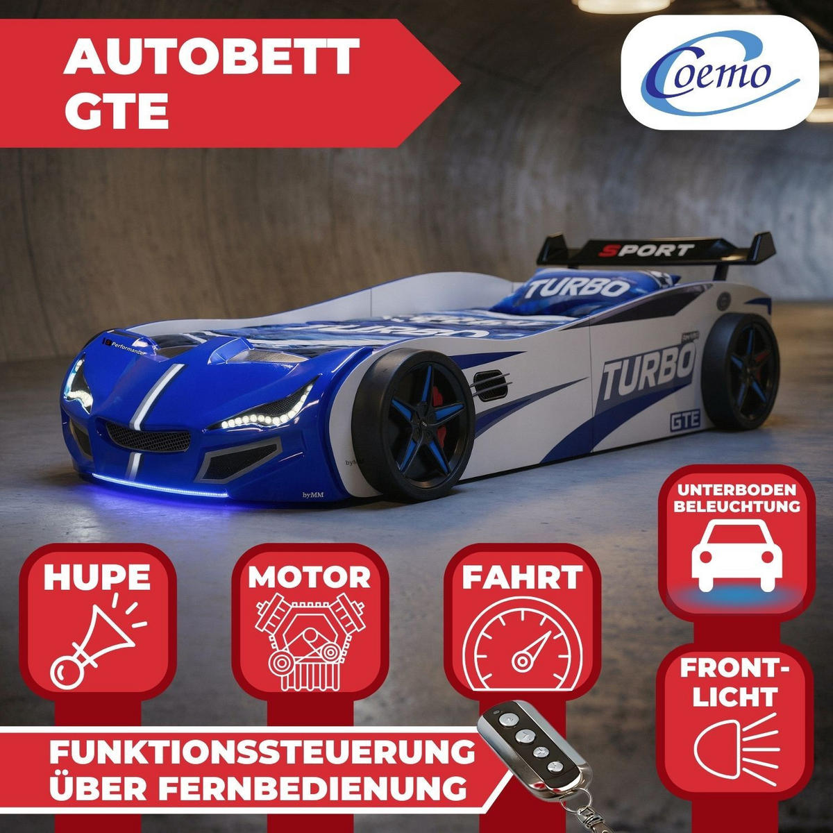 AUTOBETT GTE mit Rollrost, Licht und Sound Farbe Blau - Blau, Holzwerkstoff (90/200cm) - Coemo