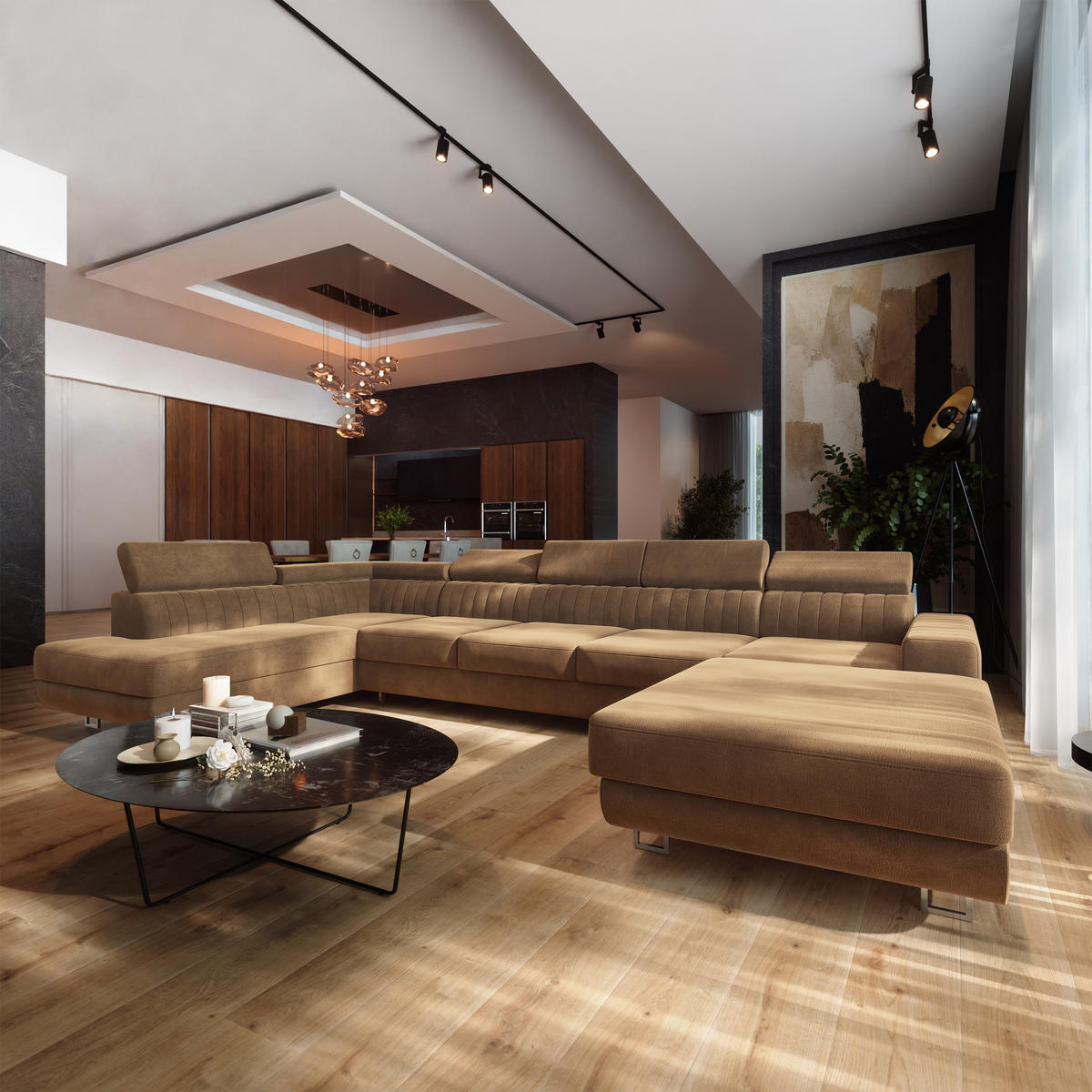 WOHNLANDSCHAFT GAIAN Beige Velours-Stoff mit Schlaffunktion - Beige, Holz (412/88/190cm) - MASSENO