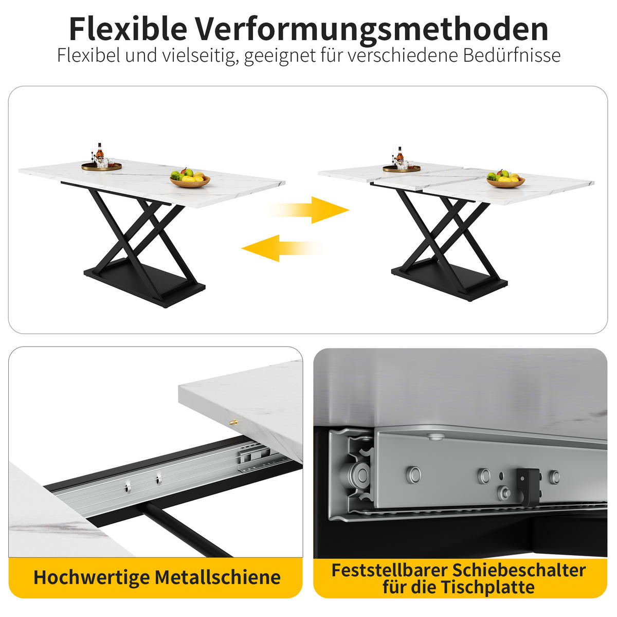 AUSZIEHBARER Esstisch MDF mit Kreuzgestell, 120-160/80/75 cm, Weiß marmoriert/Schwarz - Weiß, Holzwerkstoff (120/80/75cm) - Redom