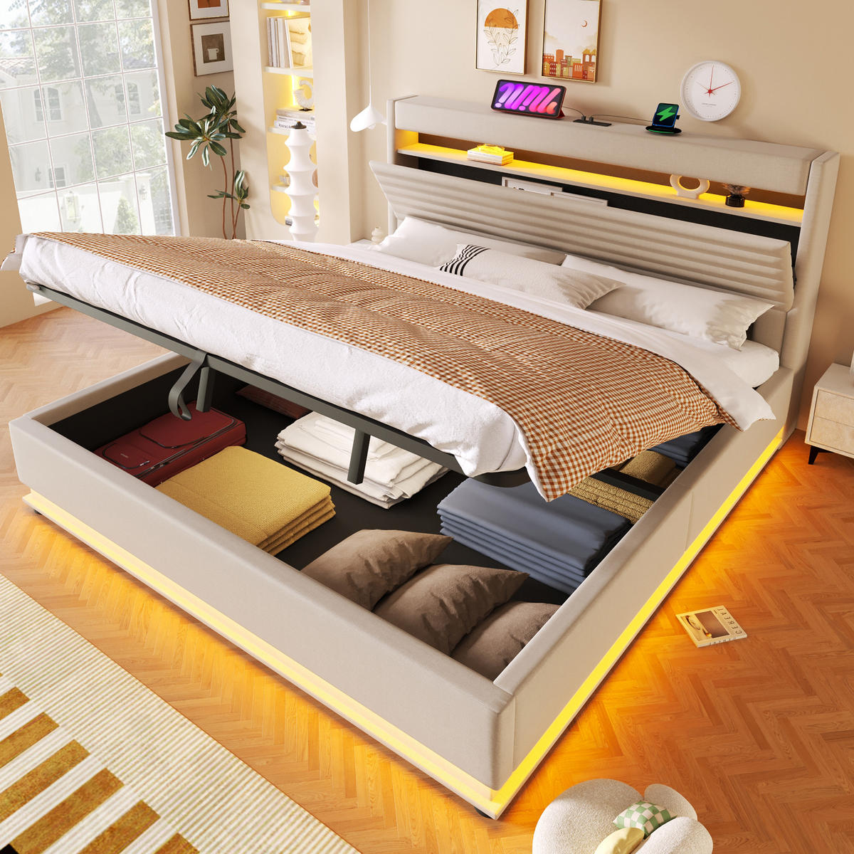 POLSTERBETT mit LED und USB Beige 180x200 cm Textil - Beige, Textil (180/200cm) - SONNENH