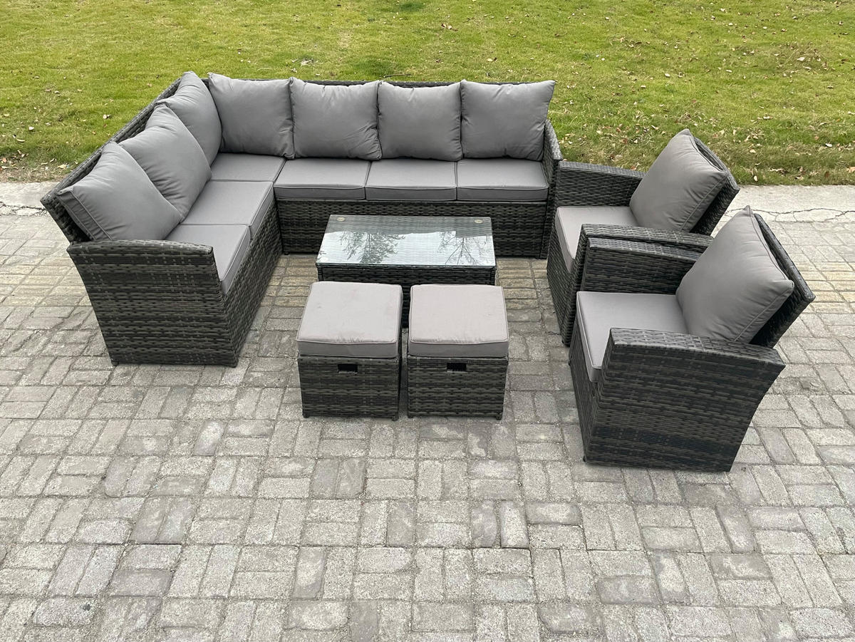 GARTENSET mit Couchtisch, 2 Fußhocker,2 Stuhl Polyrattan Dunkelgrau 10-Sitzer - Dunkelgrau/Grau, Glas/Kunststoff - Fimous
